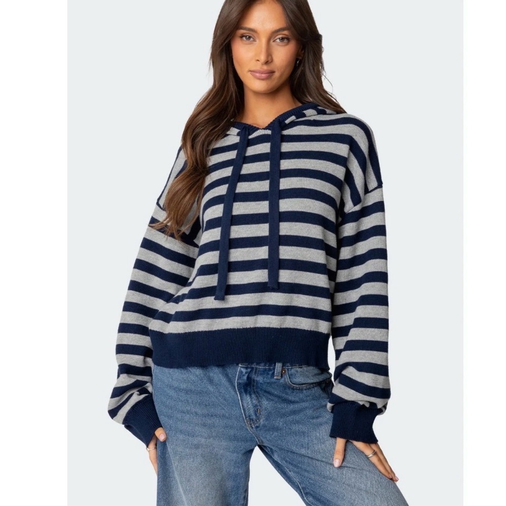Edikted Striped Hooded Knit Sweater 
Size M blue and gray striped sweater